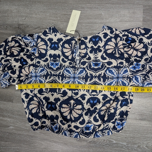 NWT Rachel Zoe Puff Sleeve Crop Top Elastic Hem Blue Batik Floral size M - Picture 11 of 11